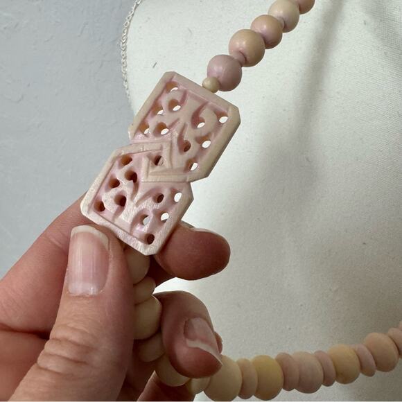 Vintage Plastic Pink Yellow Beaded Long Necklace - Picture 2 of 8